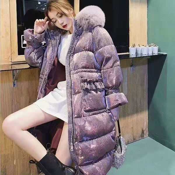 

high-end star down jacket for women 2020 new winter style fashion medium length oversized fur collar winter trend purple black ing