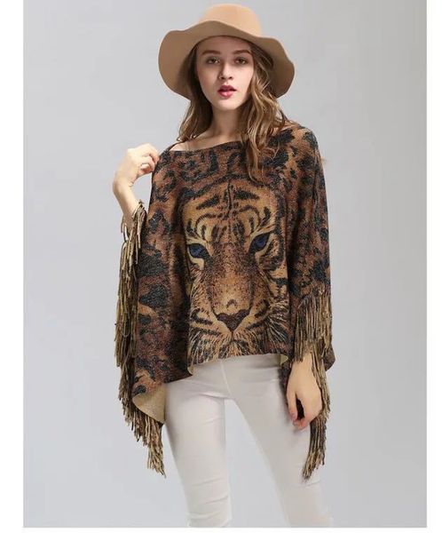 

vippullover knitted tiger pattern batshirt cape one line collar shawl sweater for women, White;black