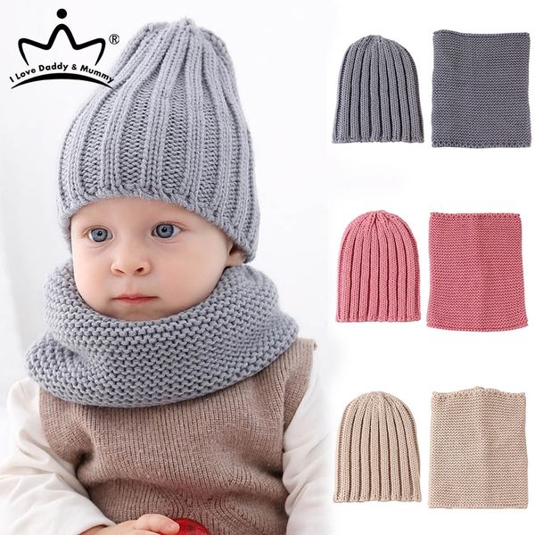 

2pcs/set soft newborn baby hat scarf knitted cute elastic baby cap for girls boys winter warm kids hat solid color baby beanies y201024, Blue;gray
