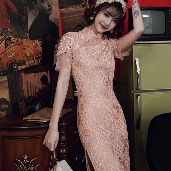 

3xl female cheongsam oriental style knee length gown women stage show evening qipao vintage chinese summer party dress vestido, Red