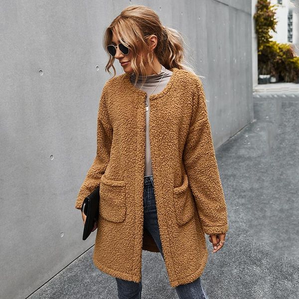 

o-neck outwear warm loose thick for winter female jacket long basic lambswool solid coat with pockets lady women rtwbh, Black