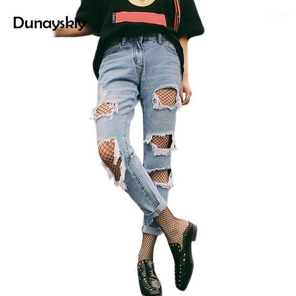 

2020 spring big holes jeans for women loose straight pants light blue vintage ripped washed rough selvedge women denim trousers1