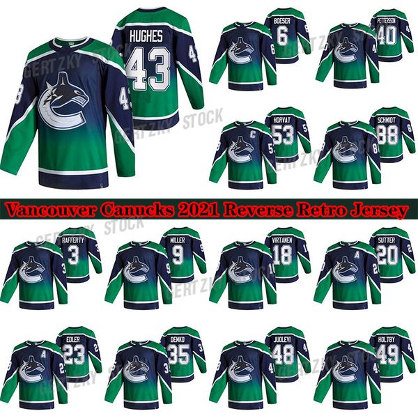 

vancouver canucks 2020-21 reverse retro jersey 43 quinn hughes 40 elias pettersson 53 bo horvat 88 nate schmidt 6 brock boeser hockey jersey, Black;red