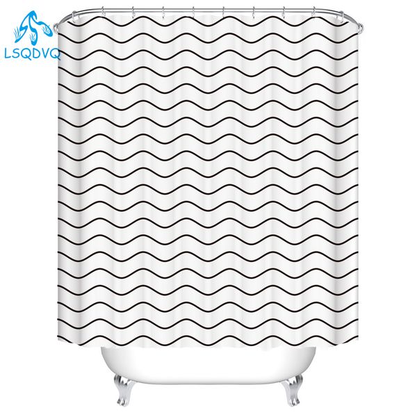 

3d black and white stripe wave line shower curtains bathroom curtain frabic waterproof polyester bathroom curtain set with hooks