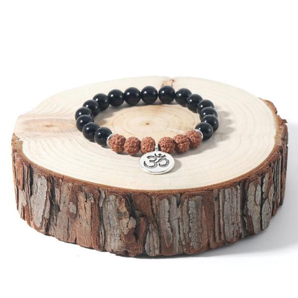 

beaded, strands rudraksha& black onyx men's and women's elastic rope bracelet fashion energy bangle om pendant semi-precious secio