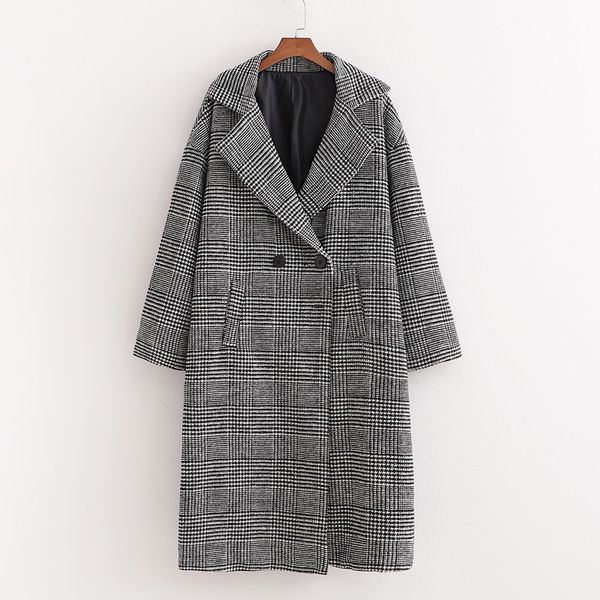 

2021 new double breasted plaid woolen women fashion down collar jackets elegant ladies pockets long coats 6umm, Black