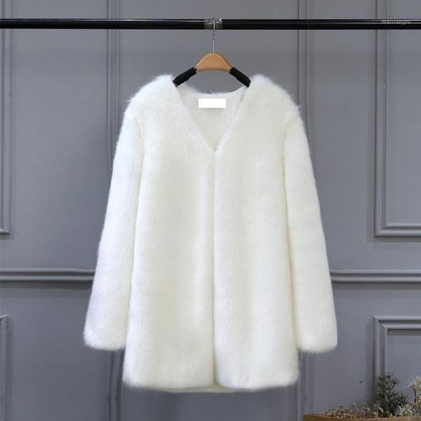 

casual furry faux fur coats women fake fur coat female long solid coat 2020 winter clothing party colored overcoat v-neck1, Black