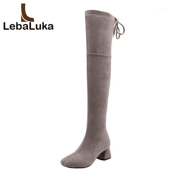 

boots tuyoki plus size 28-52 women over knee winter lace up warm fur shoes woman square toe high heels stretch boots1, Black