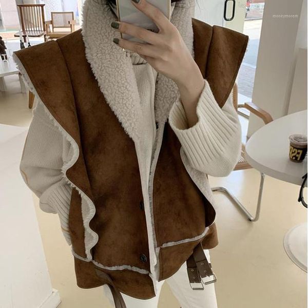 

women's vests fashion streetwear motocycle style lamb wool coat vest women autumn winter ruffle sleeve thick jacket female waistcoat1, Black;white