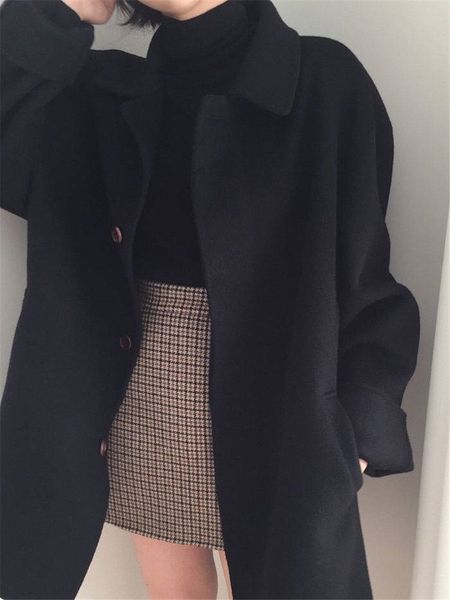 

spring autumn single breasted female mid-long new korean personality popular outerwear wool coat streetwear te6i, Black