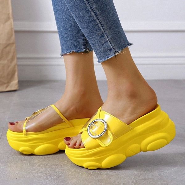 

women slippers summer clear stitching sliders ladies height wedge chunky slides platform thick bottom white yelllow red shoes #xd5e, Black