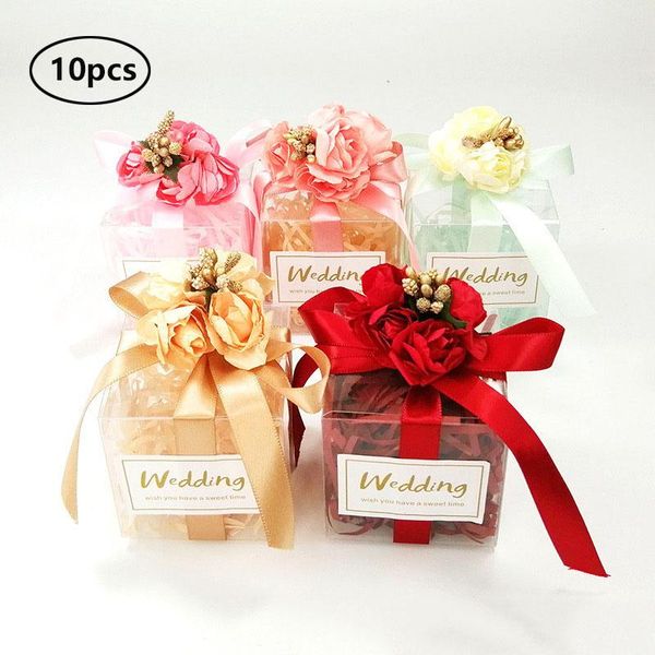 

10pcs square 6*6*6cm pvc wedding favor candy box with ribbon flower bridesmaid gift bag box party supply event baby shower decor