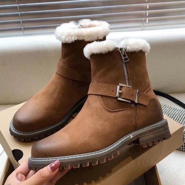 

2020 winter new leather side zipper belt buckle minimally low-heeled thick with non-slip wool short boots retro female, Black