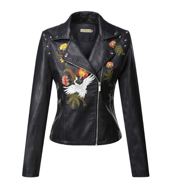 

motor biker jacket winter autumn fashion embroidered pu leather jacket women slim faux leather motorcycle jacket short design zipper coats, Black;brown