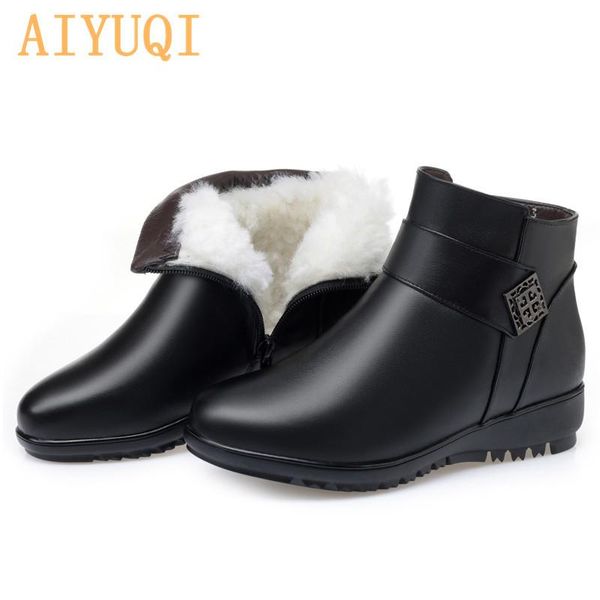 

aiyuqi snow boots women flat mom genuine leather large size non-slip middle-aged natural wool keep warm winter boots for women, Black