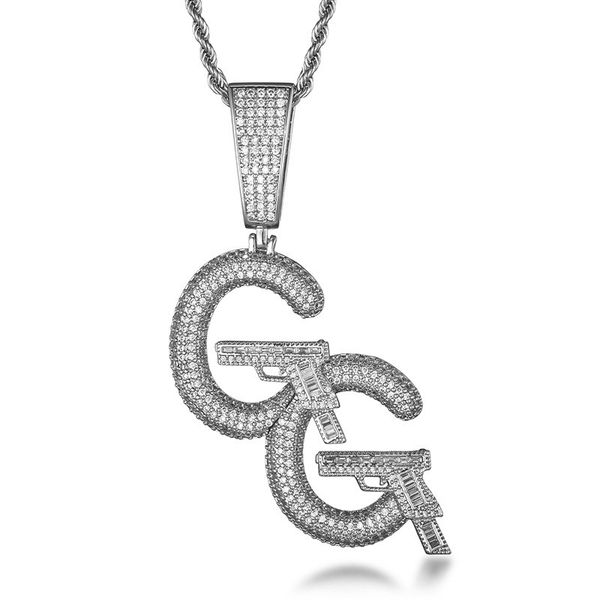 

new creative letter gun shape pendant full cubic zircon hip hop necklace for men women party jewelry, Silver