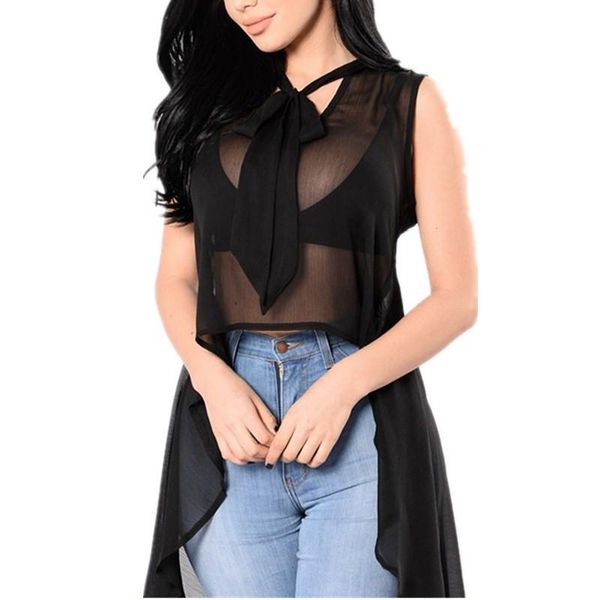 

women's see through bowknot mesh sheer sleeveless irregular blouse summer blouses women femme, White
