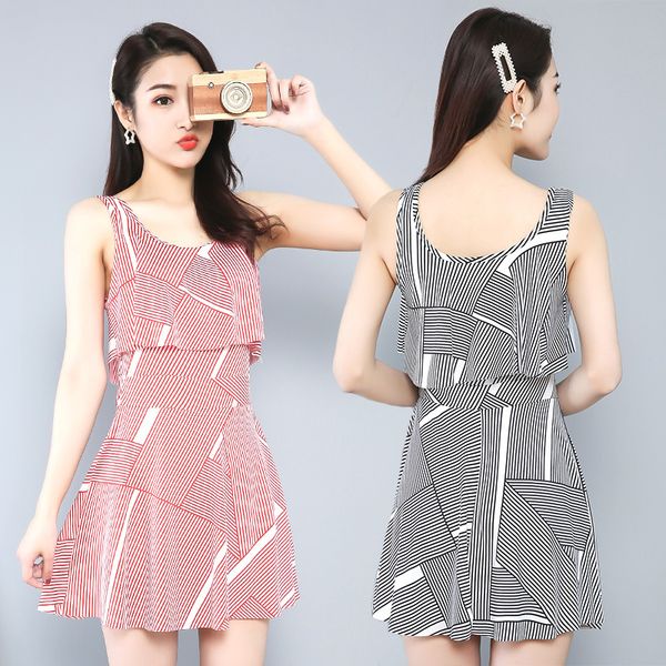 

women's one-piece conservative student skirt slim lattice backless spring swimsuit
