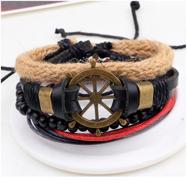 

4pcs/ set punk braided wrap leather bracelets for men women vintage wooden beads ethnic tribal wristbands men bracelet bbytqn, Golden;silver