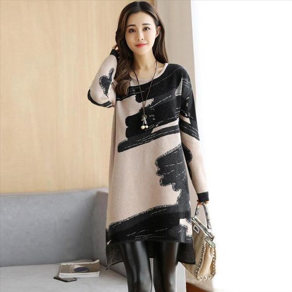 

o neck dress 2021 women fashion autumn winter print pullovers long sleeve jumper pull femme straight mini dress pullover new, Black;gray
