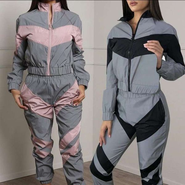 

autumn 2020 women's splicing reflective sports leisure suit, Gray