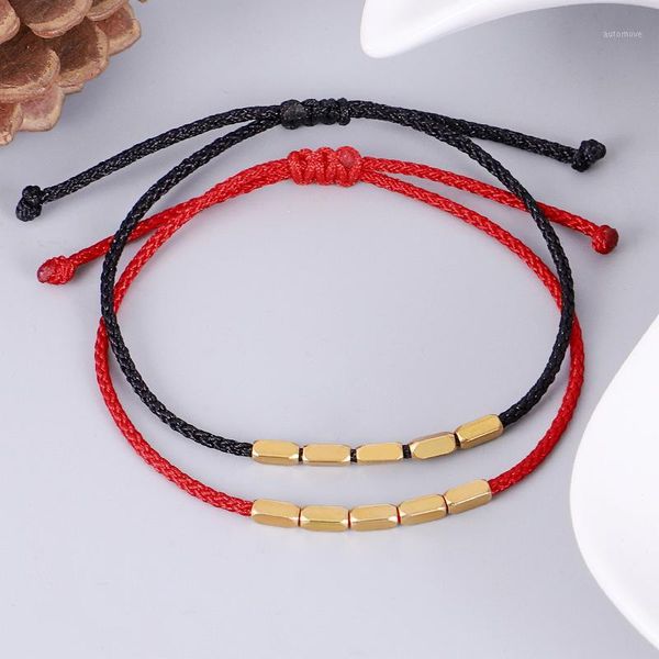 

lucky black rope bracelet with copper charm beads tibetan buddhist hand braid knots couple bangle1, Golden;silver