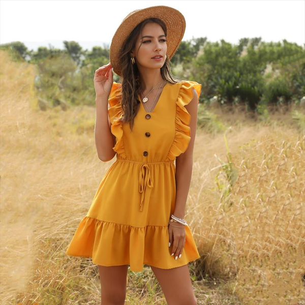 

summer women mini dress ruffle 2020 office shoulder tunic high waist party v neck casual beach yellow women dresses, Black;gray