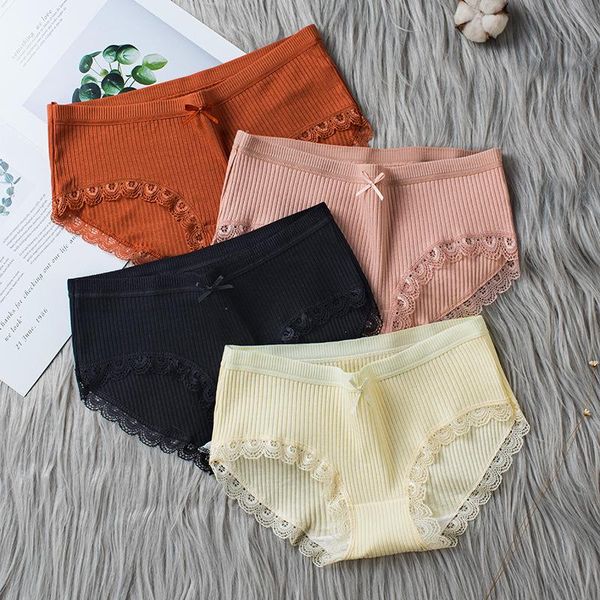 

women's panties explosion style threaded lace trim underwear cotton crotch breathable mid-waist briefs, Black;pink