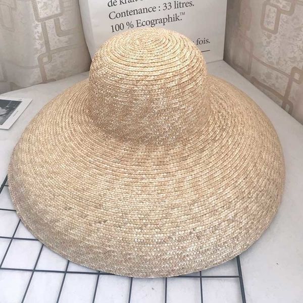 Elegante donna Bell tipo 15cm Grande tesa larga sole casual paglia di grano naturale Summer Beach ombra cappello da donna Y200602