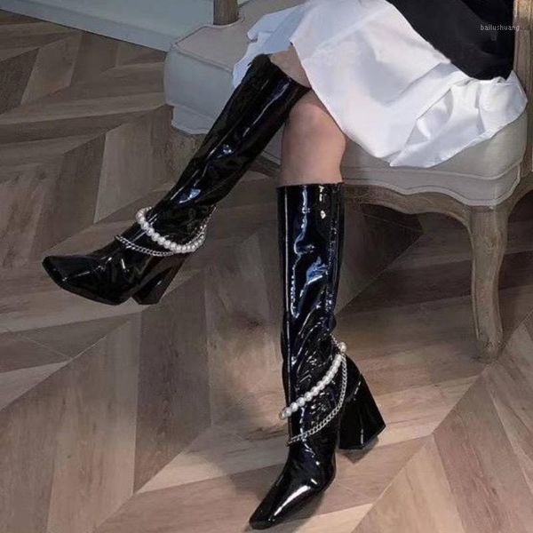 

star style women motorcycle boots fashion pearl chain knee high boots autumn winter patent leather high heels female shoes1, Black
