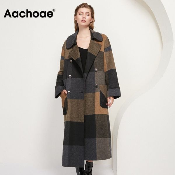 

aachoae women vintage plaid woolen long coat with pockets double breasted fashion overcoat female batwing long sleeve wool coats lj201201, Black