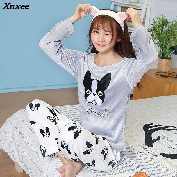 

2 piece 2018 autumn winter women ladies fleece warm soft flannel pajamas suit female cartoon home warm sets clothes1, Black;red