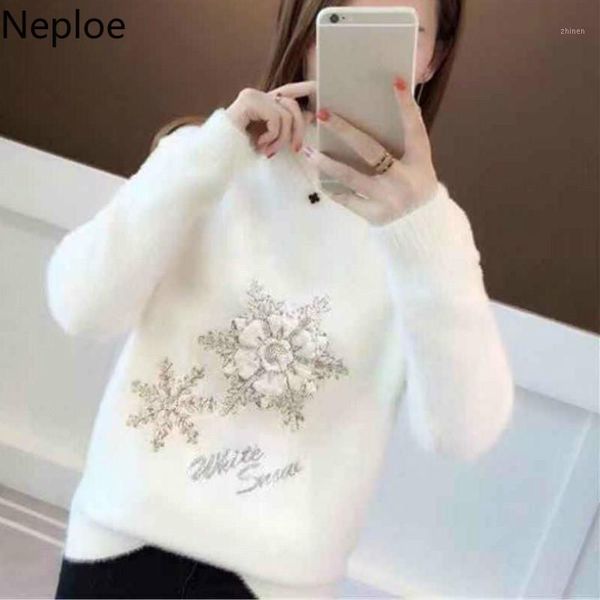 

neploe korean preppy style loose turtleneck knitted sweater solid flower embroidery pullovers winter elegant girls sweater 455161, White;black