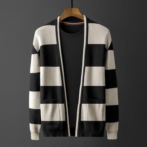 

men's sweaters cardigan mens luxury spring and autumn two pockets stripe sweater male fashion slim fit man 4xl, White;black