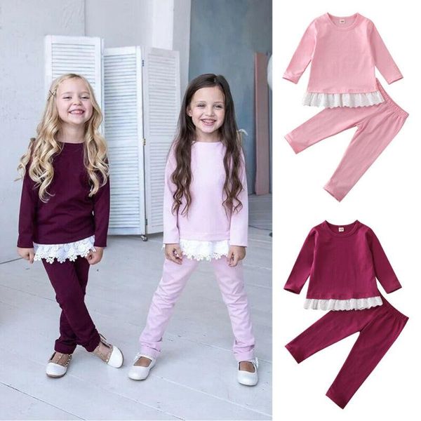 

clothing sets casual children's girl clothes set long sleeve lace ruffle + leggings cotton comfortable solid kid toddler suit, White