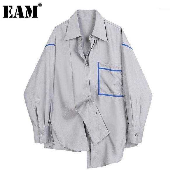 

eam] women irregular spliced big size blouse new lapel lantern sleeve loose fit shirt fashion tide spring autumn 2020 1da7501, White
