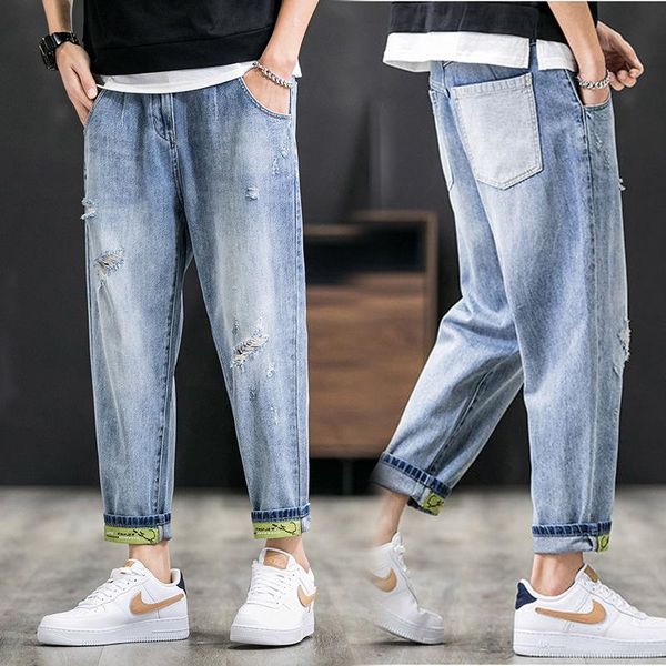 

men's jeans blue lapel casual big cool loose size straight pants begging denim
