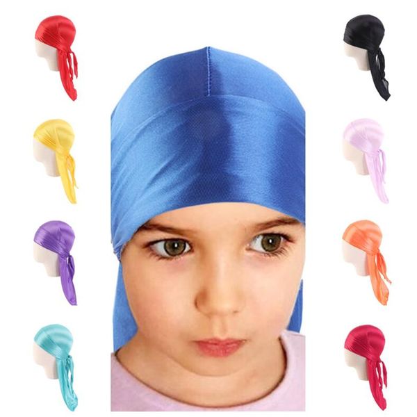 

baby kids caps silky durag boy girls long tail dorag durags satin turban headwraps children silk headband pirate hat headscarf e112701, Yellow