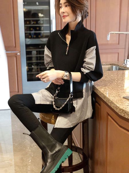 

standing collar long sweater coat foreign style korean autumn winter dress new european fashion women's wear in 2020, Black