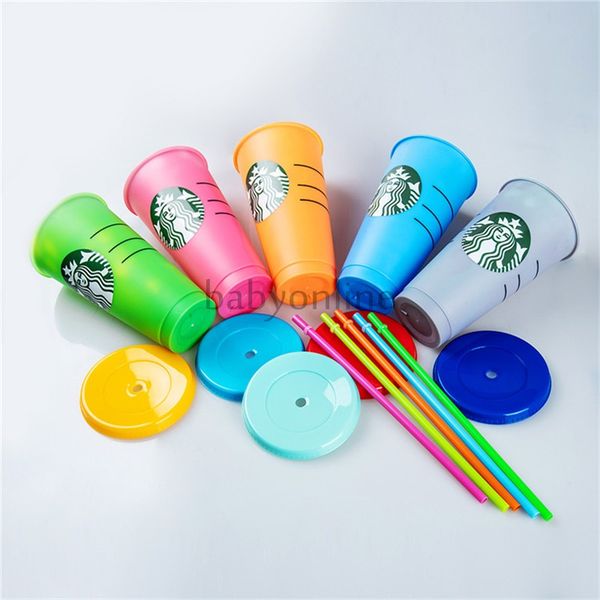 

5pcs/set 24oz color change tumblers plastic drinking juice cup with lip and straw magic coffee mug costom starbucks plastic cup fy4460