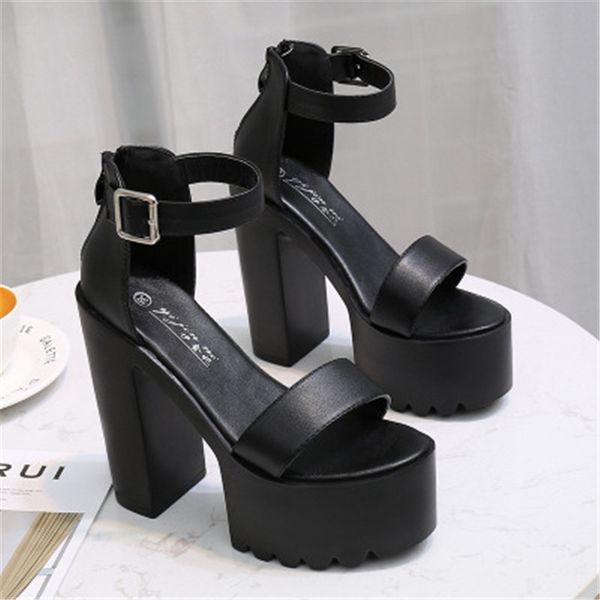 

2021 new female summertime thick sandals two super heels high strapped zipper lady open toed wedding dress shoes bs1n, Black