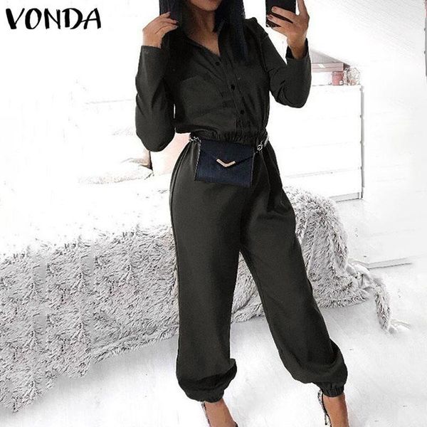 

vonda party rompers womens jumpsuits overalls 2020 autumn casual pants vintage deep v neck long sleeve playsuits plus size1, Black;white