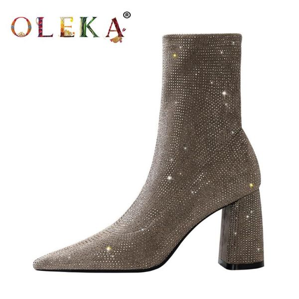 

boots oleka mid-calf winter women square heel appliques pointed toe mature style basic as767, Black