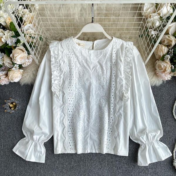 

white shirt blouse floral embroidery ruffles shirt for women casual spring autumn fashion long puff sleeve female blouse