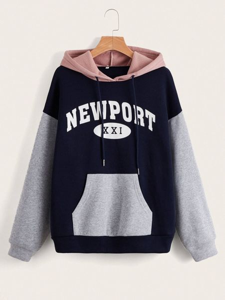 

colorblock letter graphic thermal lined drawstring hoodie j3s8#, White;black