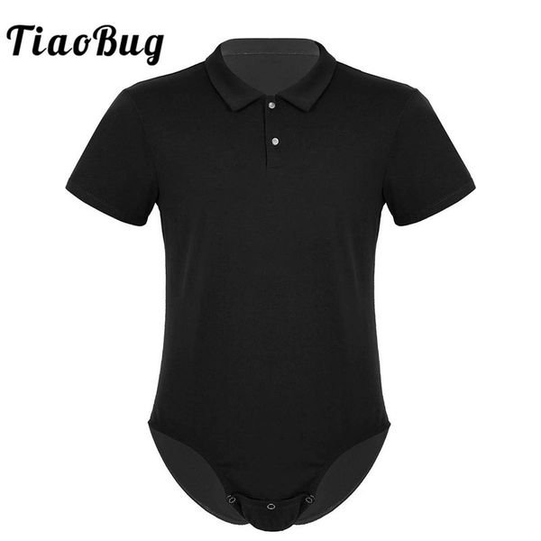 

tiaobug men short sleeves turn-down collar snap crotch shirt bodysuit romper pajamas male one-piece casual shirts costume c1211, White;black