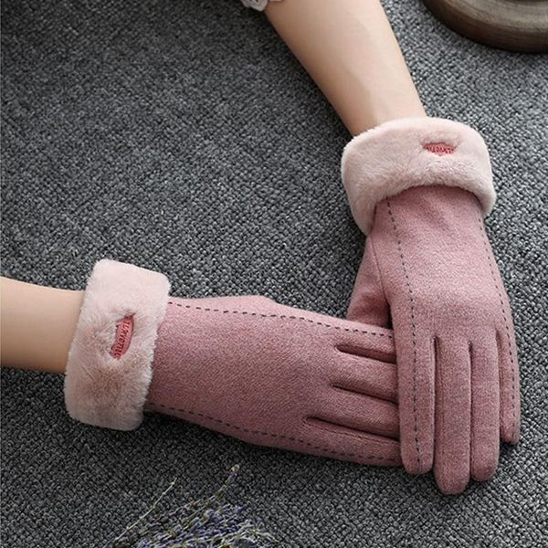 

five fingers gloves women winter faux wool full finger plush lined letter touchscreen mittens j78e, Blue;gray