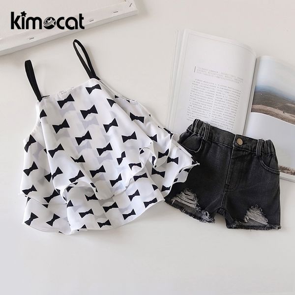 

kimocat baby girl clothes summer outfits sleeveless girls print camisole + denim shorts infant children girls clothing set y200525, White