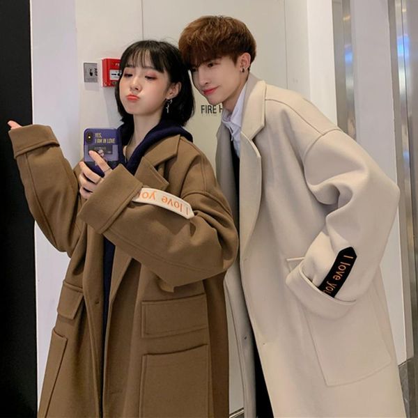 

men's wool & blends autumn and winter hong kong style couple woolen coat jacket korean casual loose embroidered, Black