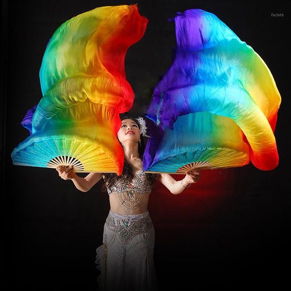 

100% silk stage performance props 1 pair dance silk fans 180cm long veils rainbow belly dance veils fans1, Black;red